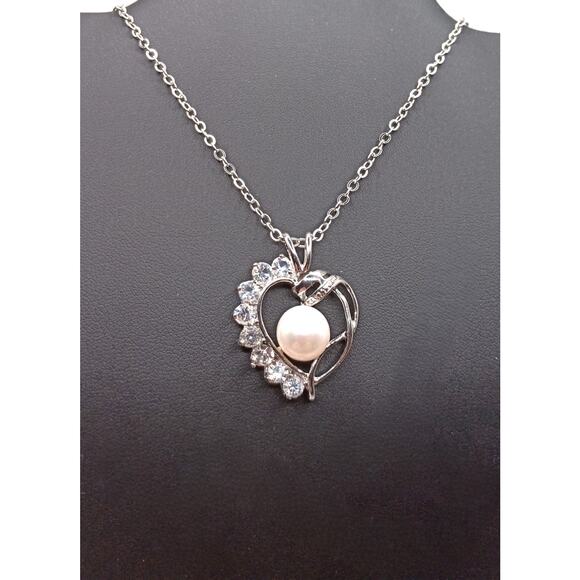 Heart Pendant Necklace with Freshwater Pearl on 24" Stainless Steel Chain - Picture 1 of 3